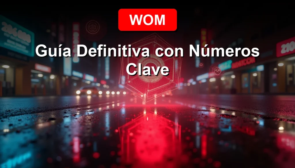 Un buzón de voz digital futurista de la compañía WOM flotando sobre un paisaje urbano nocturno, con interfaces holográficas mostrando el año 2026.
