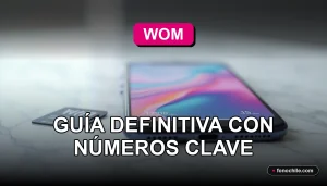 Buzón de voz moderno de WOM mostrado en un teléfono inteligente con gráficos abstractos en pantalla, sobre una mesa de trabajo limpia.