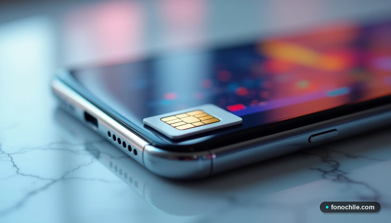 Detalle de la tarjeta SIM WOM junto a un teléfono inteligente mostrando visualizaciones de datos abstractas en su pantalla.