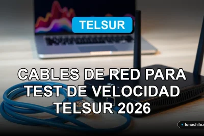 Cables de red Ethernet y router moderno para realizar test de velocidad de internet Telsur 2026 sobre escritorio de oficina.