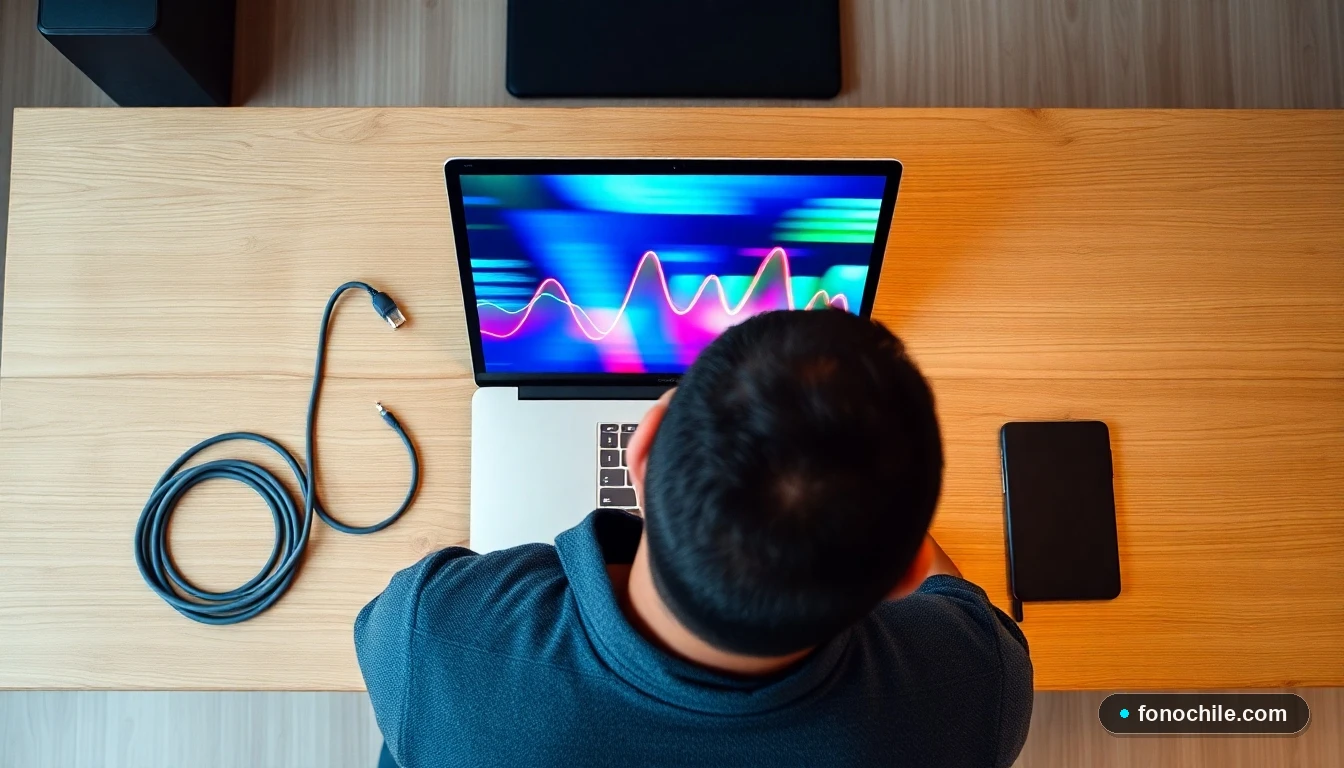 Cable de ethernet junto a laptop mostrando gráficos de velocidad de internet en test de conexión