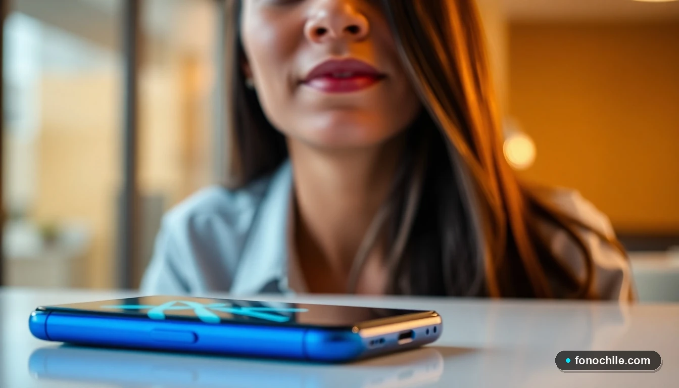 Primer plano de una asesora hispana de Caja Los Andes escuchando atentamente, con un teléfono inteligente en el fondo mostrando una interfaz genérica y luminosa.