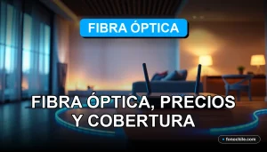 Un moderno router de fibra óptica con luces LED azules sobre un escritorio de madera, mostrando gráficos abstractos en su pantalla.