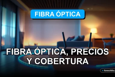 Un moderno router de fibra óptica con luces LED azules sobre un escritorio de madera, mostrando gráficos abstractos en su pantalla.