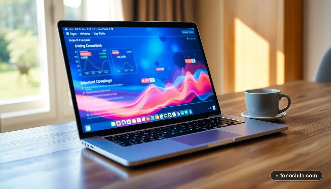 Herramienta digital en una laptop que analiza gráficos de velocidad y cobertura de fibra óptica para el hogar