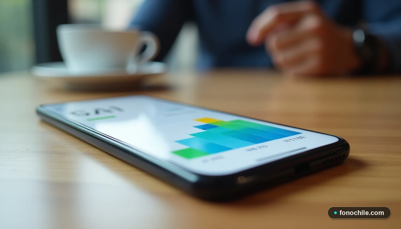 Smartphone mostrando gráfico de consumo de datos móviles en colores azul y verde sobre escritorio de madera.