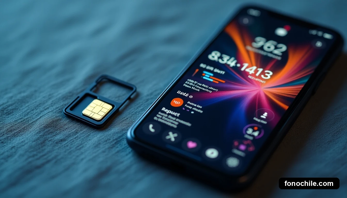 Vista aérea de un teléfono inteligente y una tarjeta SIM sobre una superficie texturizada, mostrando gráficos de datos abstractos en la pantalla.