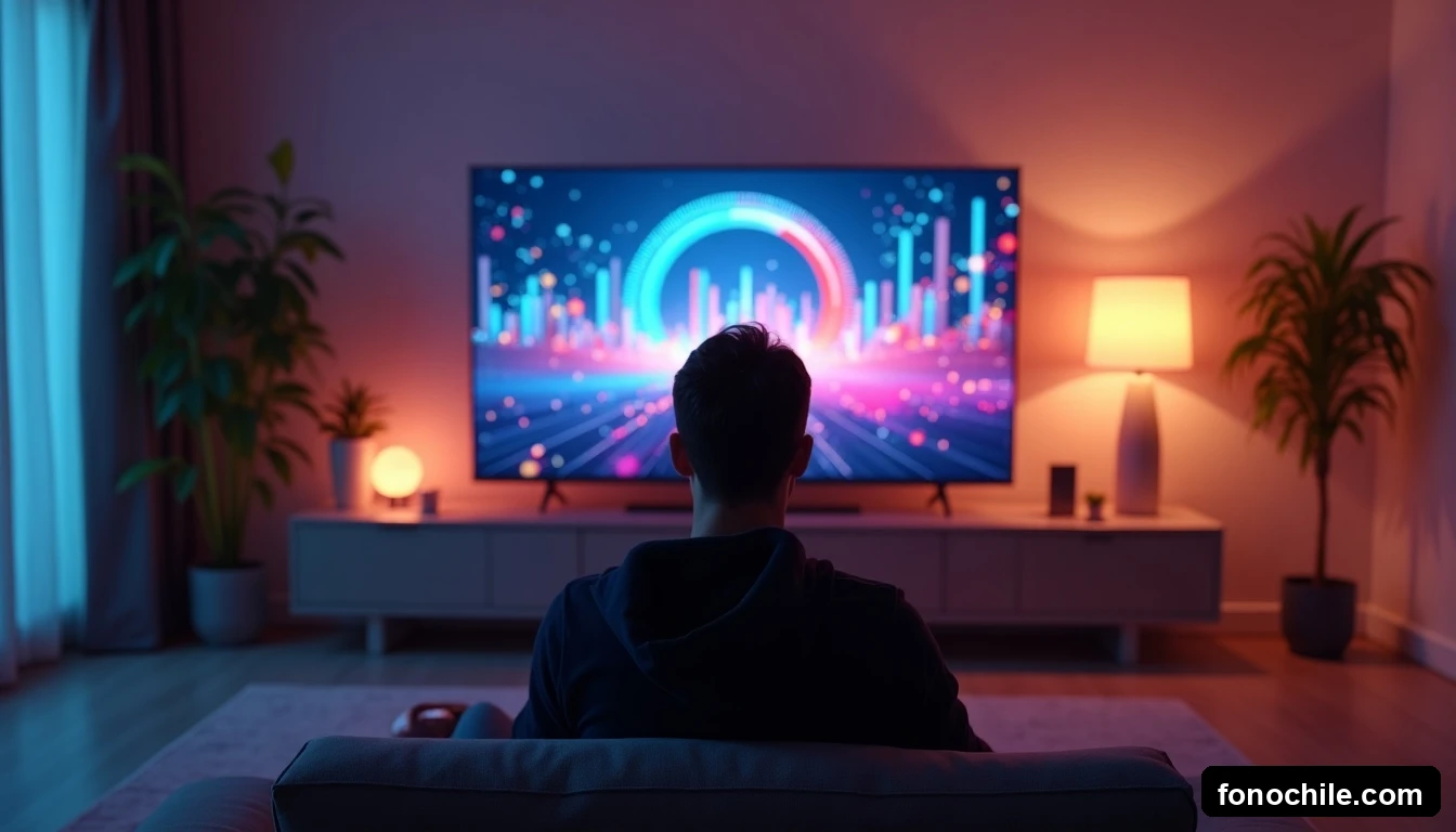 Persona en un living moderno analizando los resultados de una prueba de velocidad de internet en una pantalla grande.