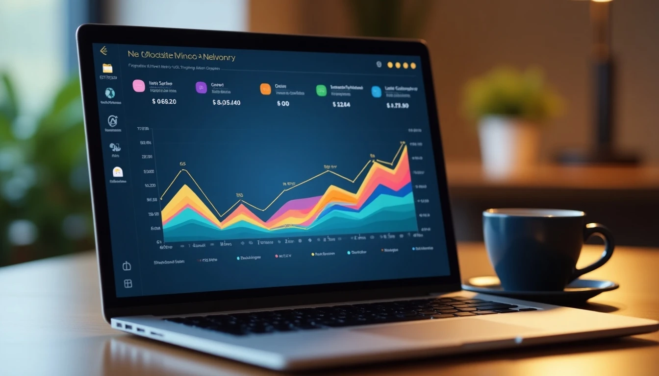 Herramienta de análisis de velocidad de internet mostrada en una laptop sobre un escritorio de madera.