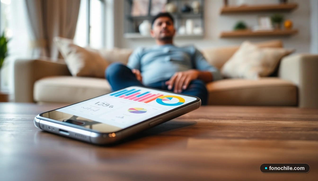 Gráficos abstractos de colores mostrando métricas de calidad y satisfacción en un teléfono inteligente.