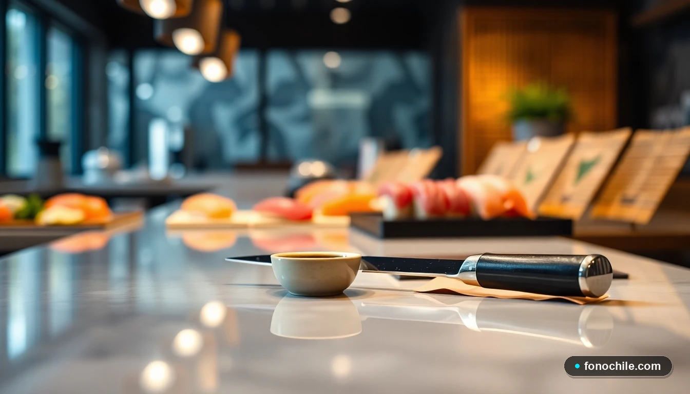 Detalle de la barra de sushi con utensilios de chef y ingredientes frescos en un ambiente íntimo.