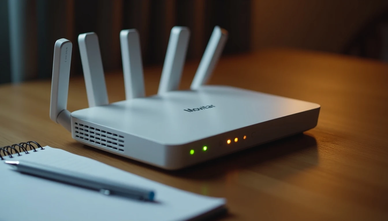 Router Movistar moderno en una mesa de madera para configurar clave WiFi