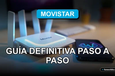 Moderno router WiFi Movistar con luces LED azules, sobre una mesa de madera clara junto a un smartphone mostrando gráficos abstractos.