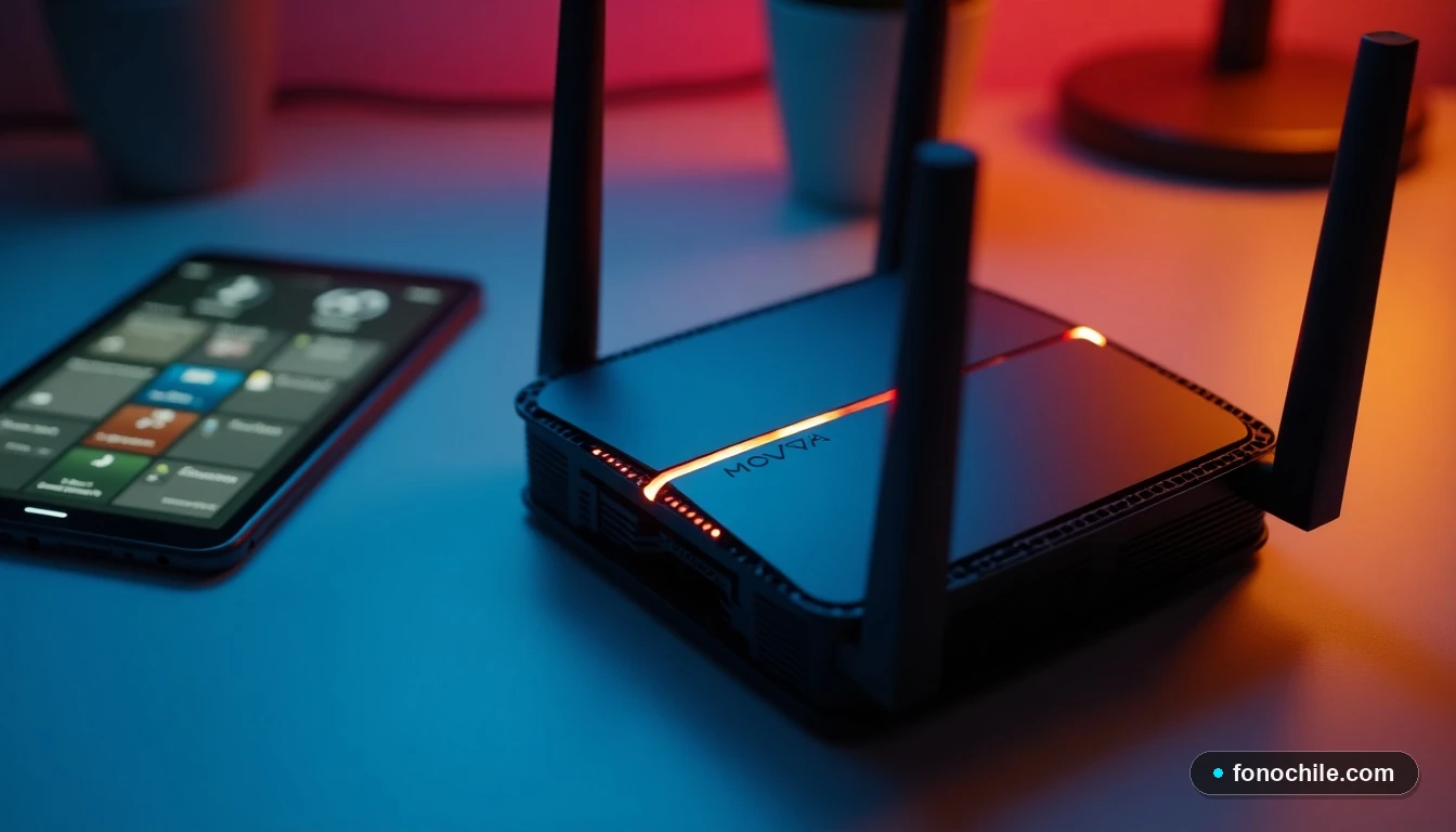 Vista superior cercana del router Movistar y una tablet con interfaz genérica, en un escritorio ordenado.