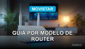 Router moderno Movistar con luces LED azules sobre mesa de madera clara, guía para cambiar clave WiFi.
