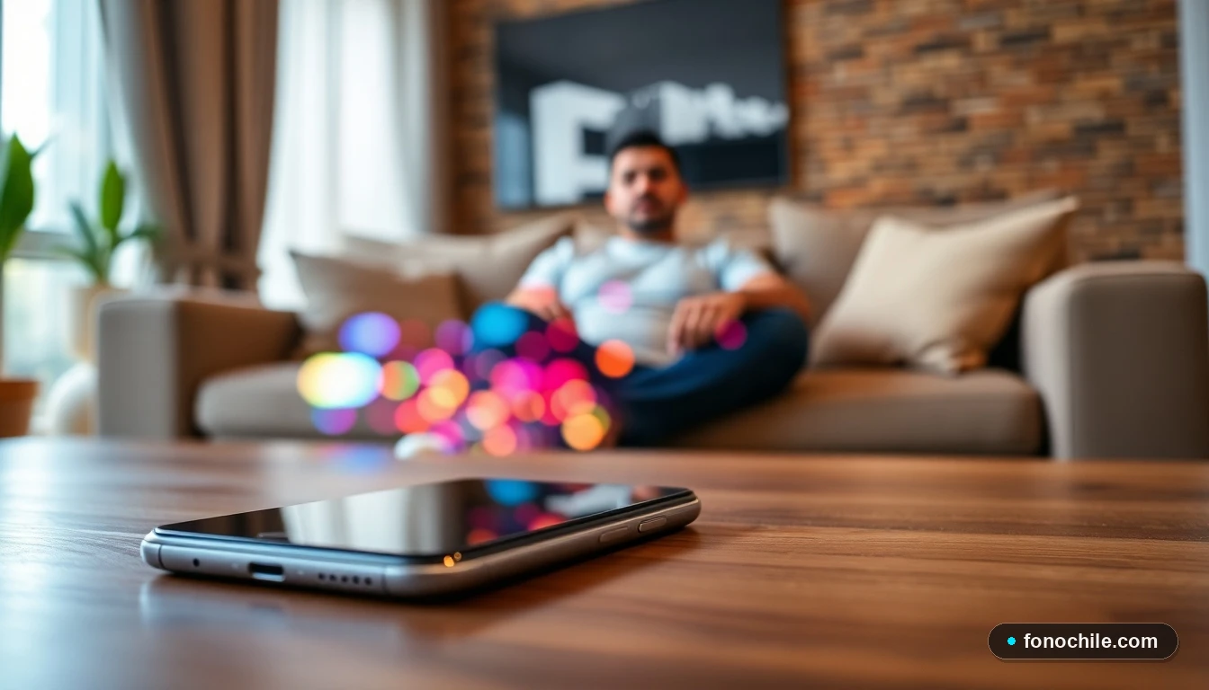 Smartphone mostrando gráficos abstractos de señal de red en una mesa, concepto de cambio de operador móvil.