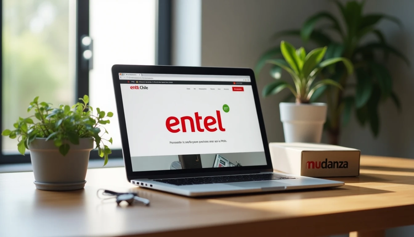 Escritorio moderno con laptop mostrando la web de Entel Chile, una llave y caja de mudanza, listo para gestionar cambio de domicilio.