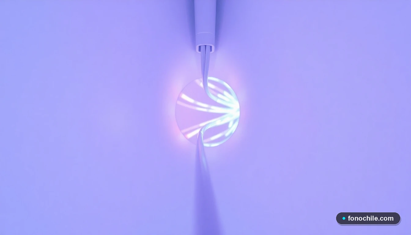 Detalle de cableado de fibra óptica de Entel con luz abstracta de datos, representando alta velocidad y cobertura.