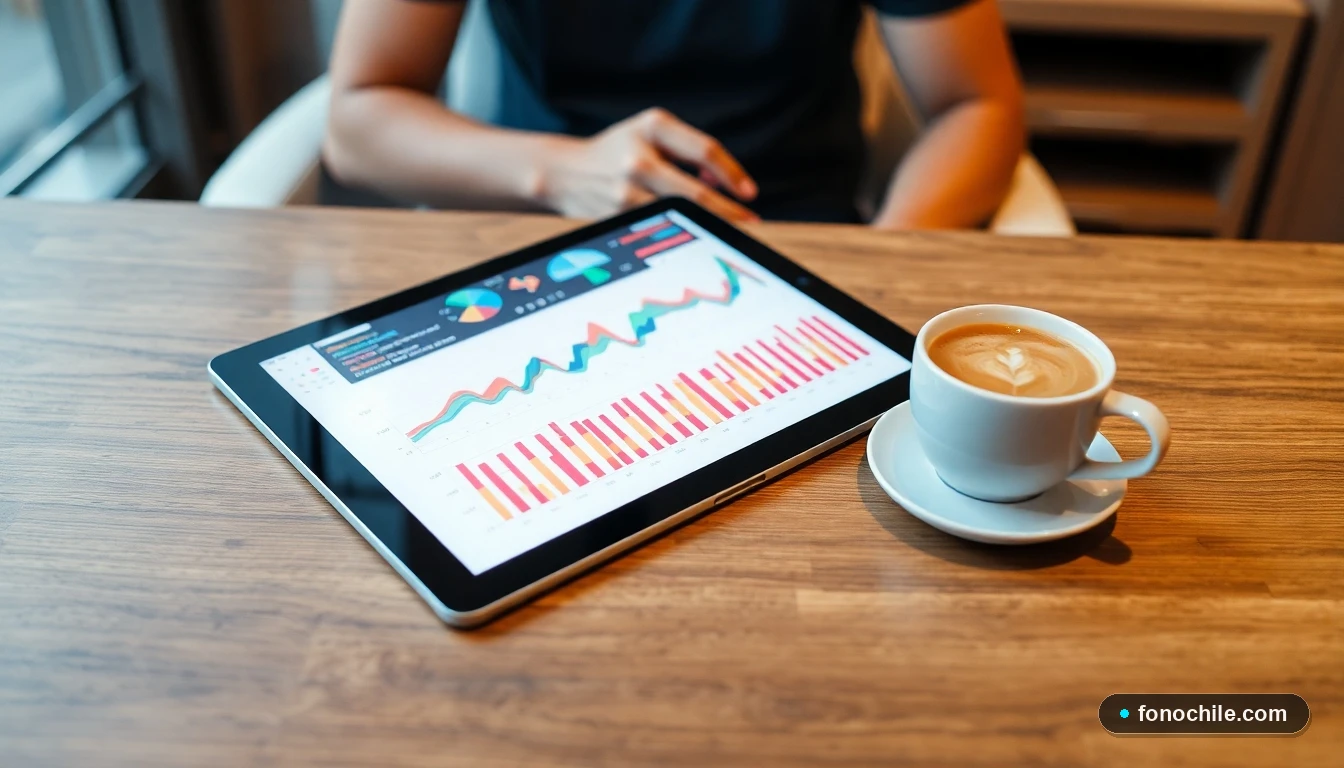 Gráficos abstractos de datos sobre gestión de servicios y cambios de domicilio en una pantalla de tablet sobre una mesa.