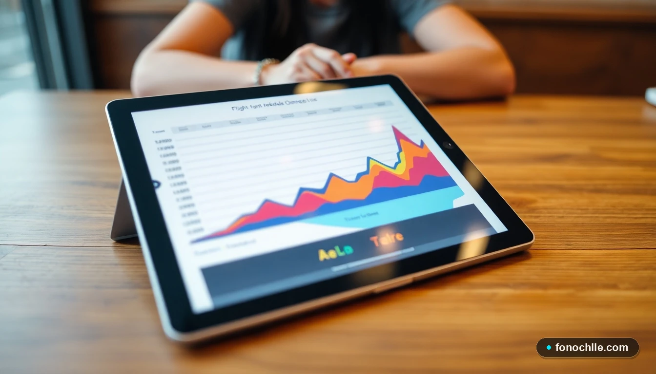 Gráfico abstracto de cambios en horarios de vuelos mostrado en una tableta, concepto de gestión de reservas aéreas.
