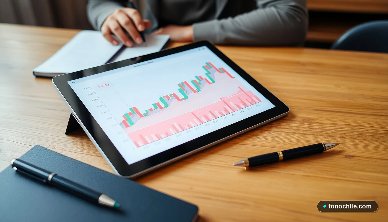 Gráfico abstracto de colores mostrando tendencias de tasas de cambio de divisas en una tablet sobre una mesa.