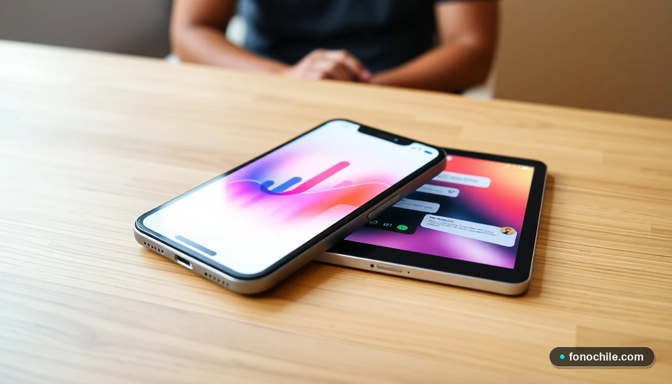 Smartphone y tablet sobre una mesa mostrando gráficos abstractos y una interfaz de chat digital para atención al cliente.