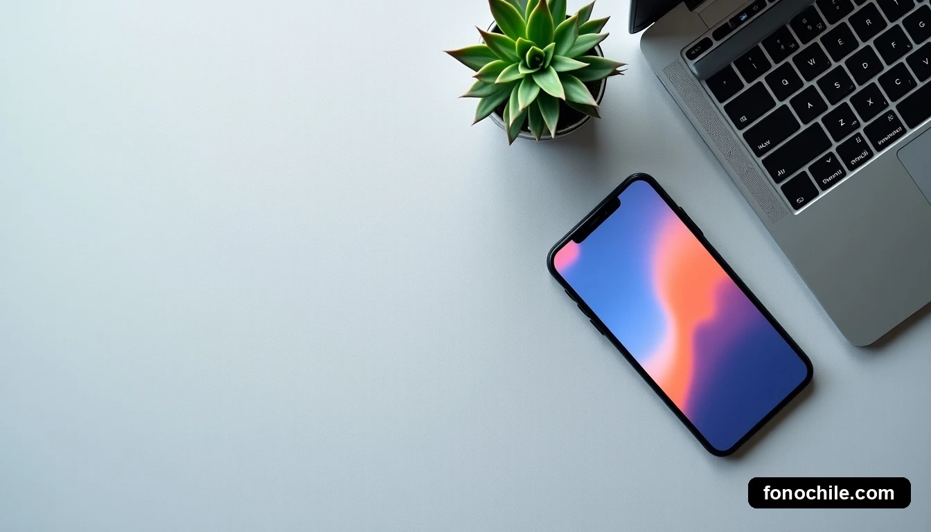 Dispositivos tecnológicos en un escritorio ordenado junto a una planta, representando un nuevo comienzo.