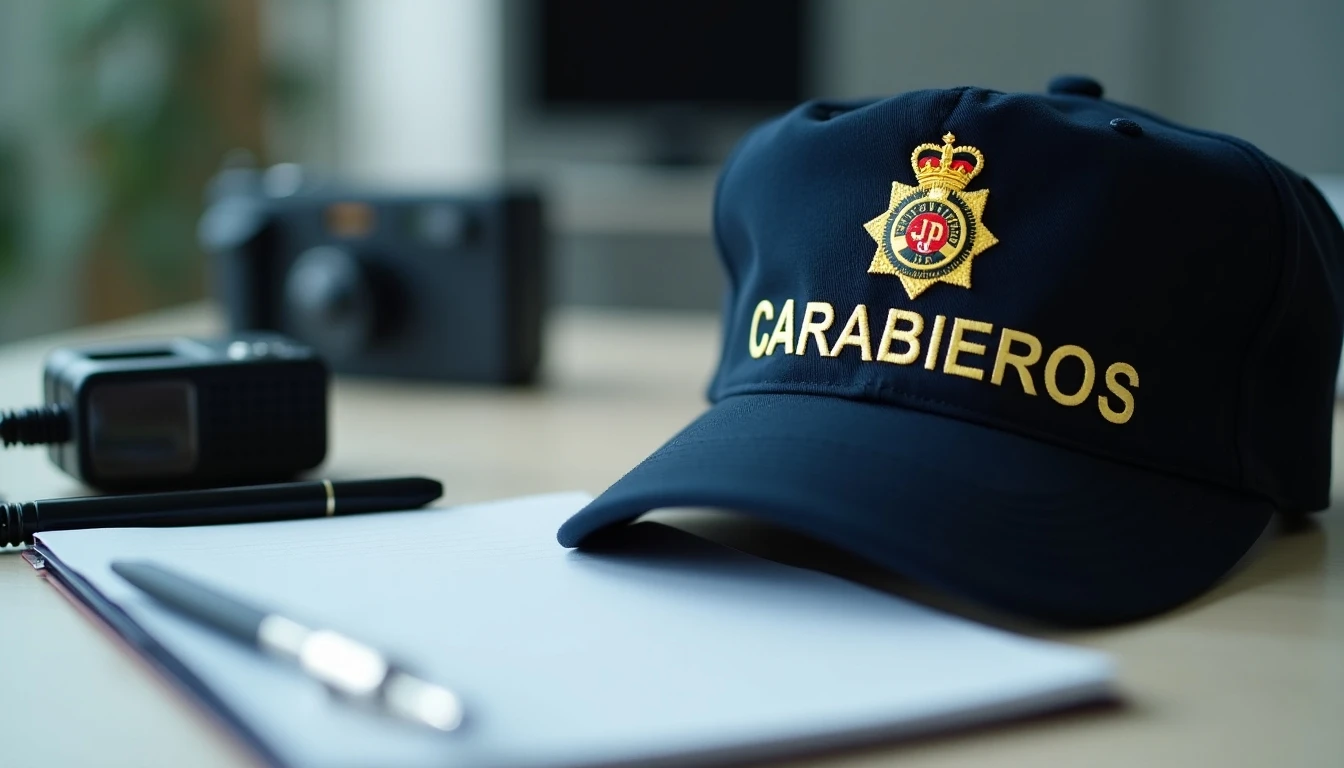 Elementos de Carabineros de Chile: gorra, radio y placa sobre escritorio organizado.