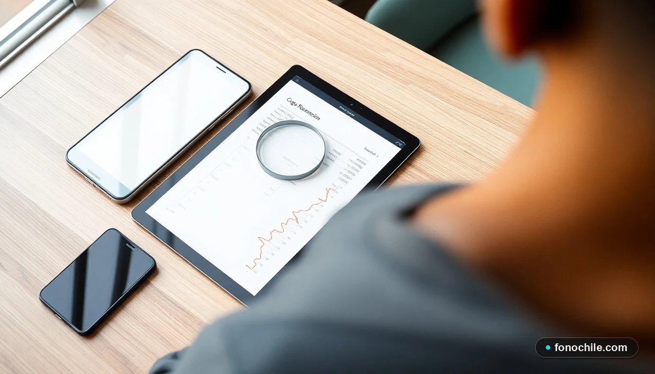 Detalle de una cuenta de telecomunicaciones mostrando un cargo por reconexión, analizado con una lupa sobre un escritorio.