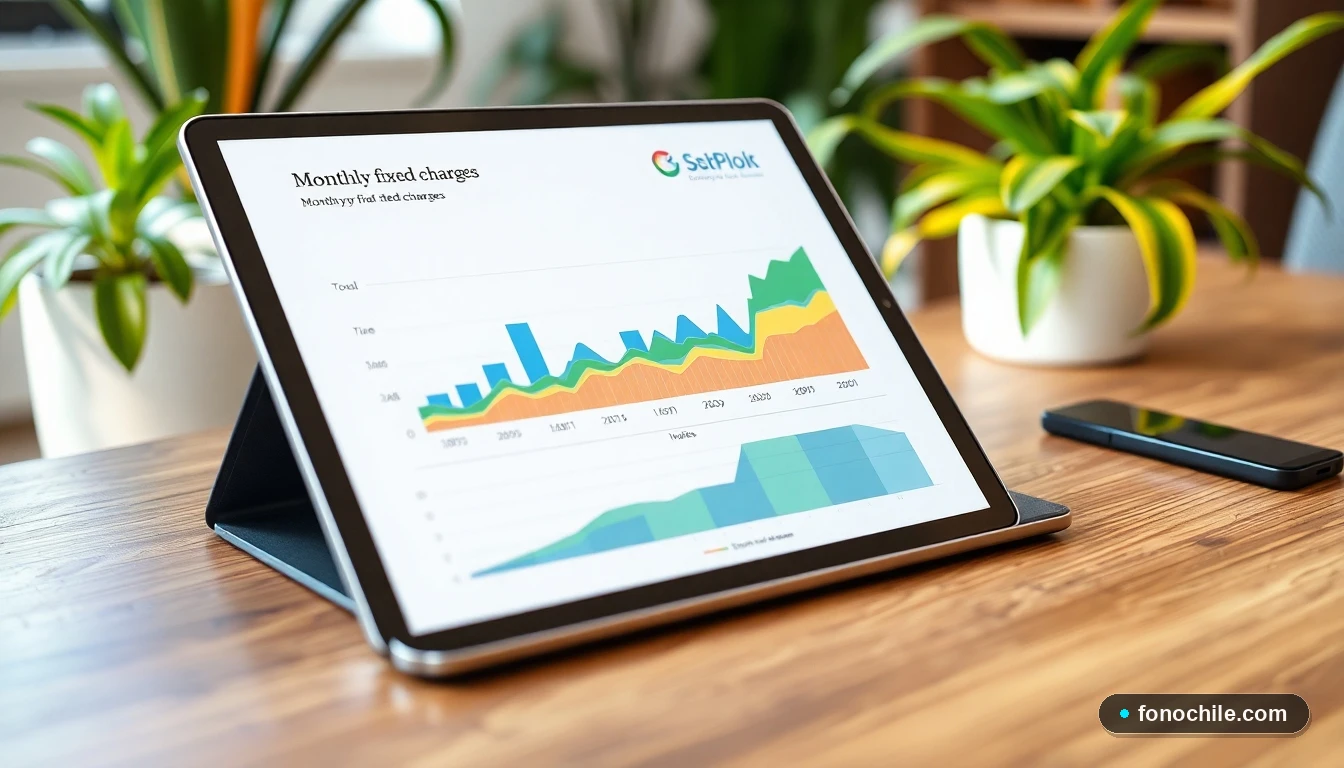 Gráfico abstracto de colores vibrantes mostrando la evolución de cargos fijos mensuales en una tablet sobre un escritorio.