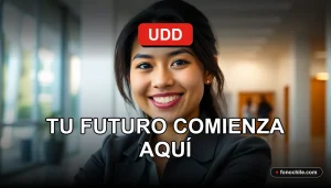 Estudiante universitaria sonriente mirando a la cámara en un entorno educativo moderno.