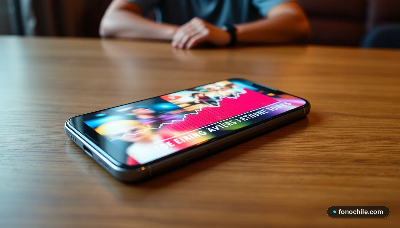 Smartphone mostrando una cartelera de cine digital con gráficos de colores en Santiago.