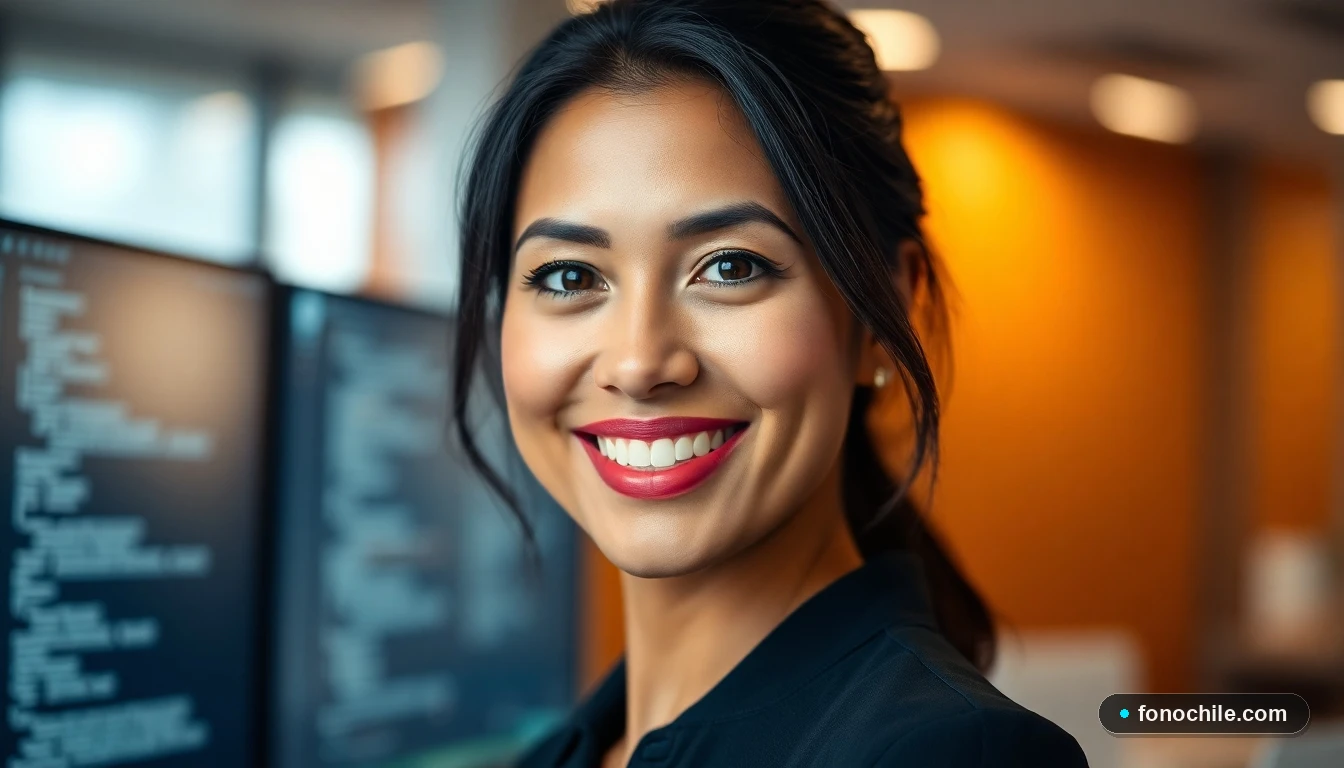 Primer plano de una agente de servicio al cliente de Casa Royal sonriendo, con un monitor de ordenador con interfaz genérica al fondo.