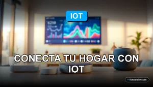 Casa inteligente en Chile con dispositivos IoT conectados en una mesa de madera, gráficos abstractos en pantallas.