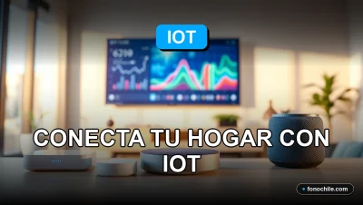 Casa inteligente en Chile con dispositivos IoT conectados en una mesa de madera, gráficos abstractos en pantallas.