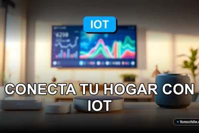 Casa inteligente en Chile con dispositivos IoT conectados en una mesa de madera, gráficos abstractos en pantallas.