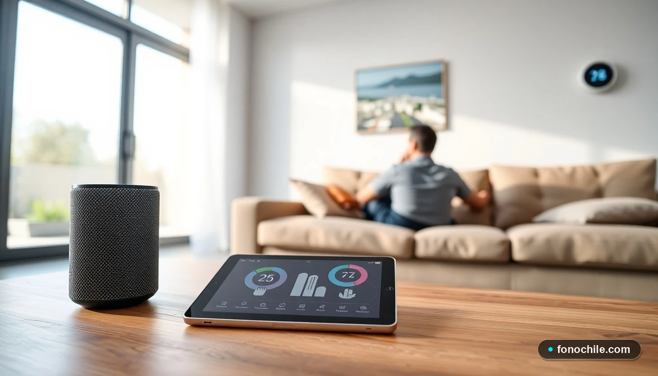 Escena de sala de estar moderna en Chile con dispositivos de casa inteligente, incluyendo tablet de control y altavoz inteligente sobre mesa.
