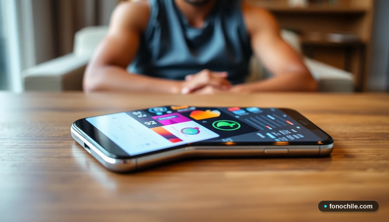 Smartphone mostrando gráficos abstractos de datos de entretenimiento y ubicación en Santiago de Chile.