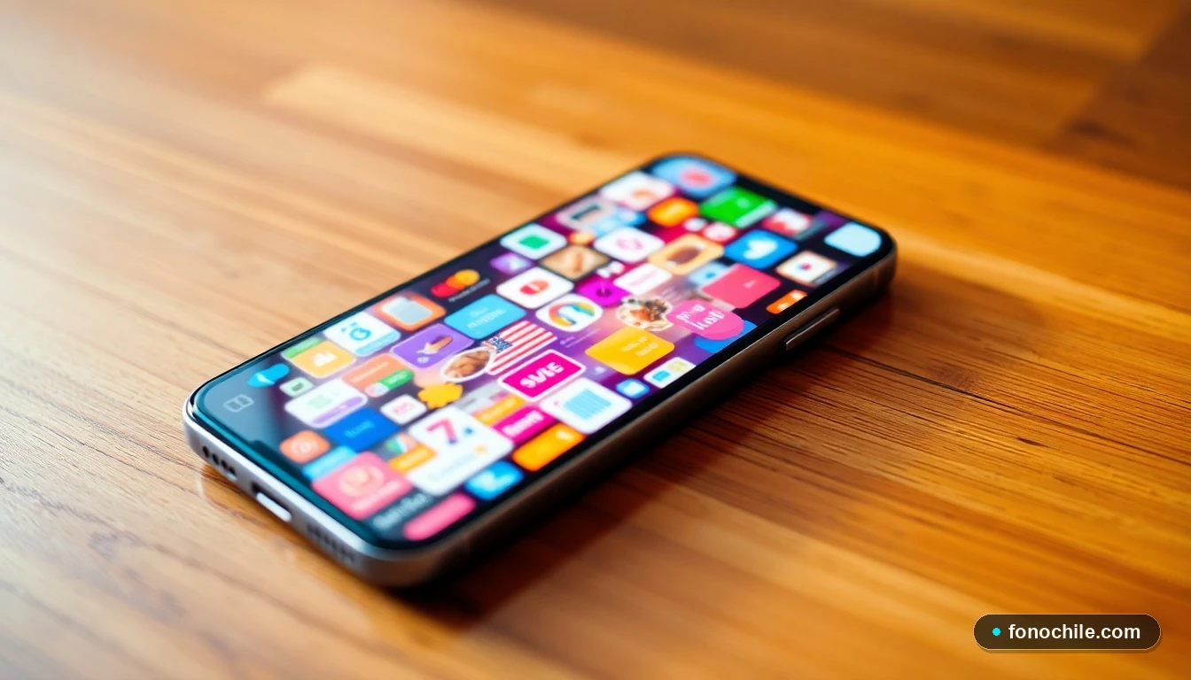 Smartphone mostrando una vista previa colorida y abstracta de un catálogo digital de supermercado con ofertas.