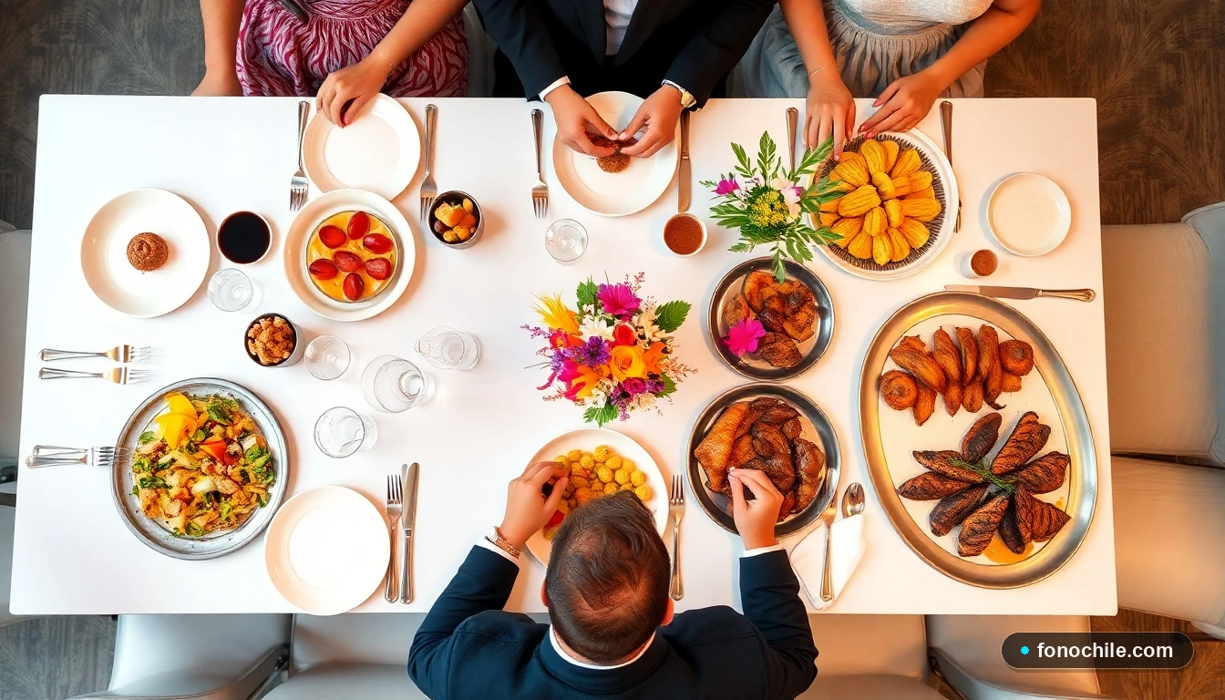 Vista aérea de una mesa de catering elegante para un evento en Chile, con platos gourmet y una presentación impecable.