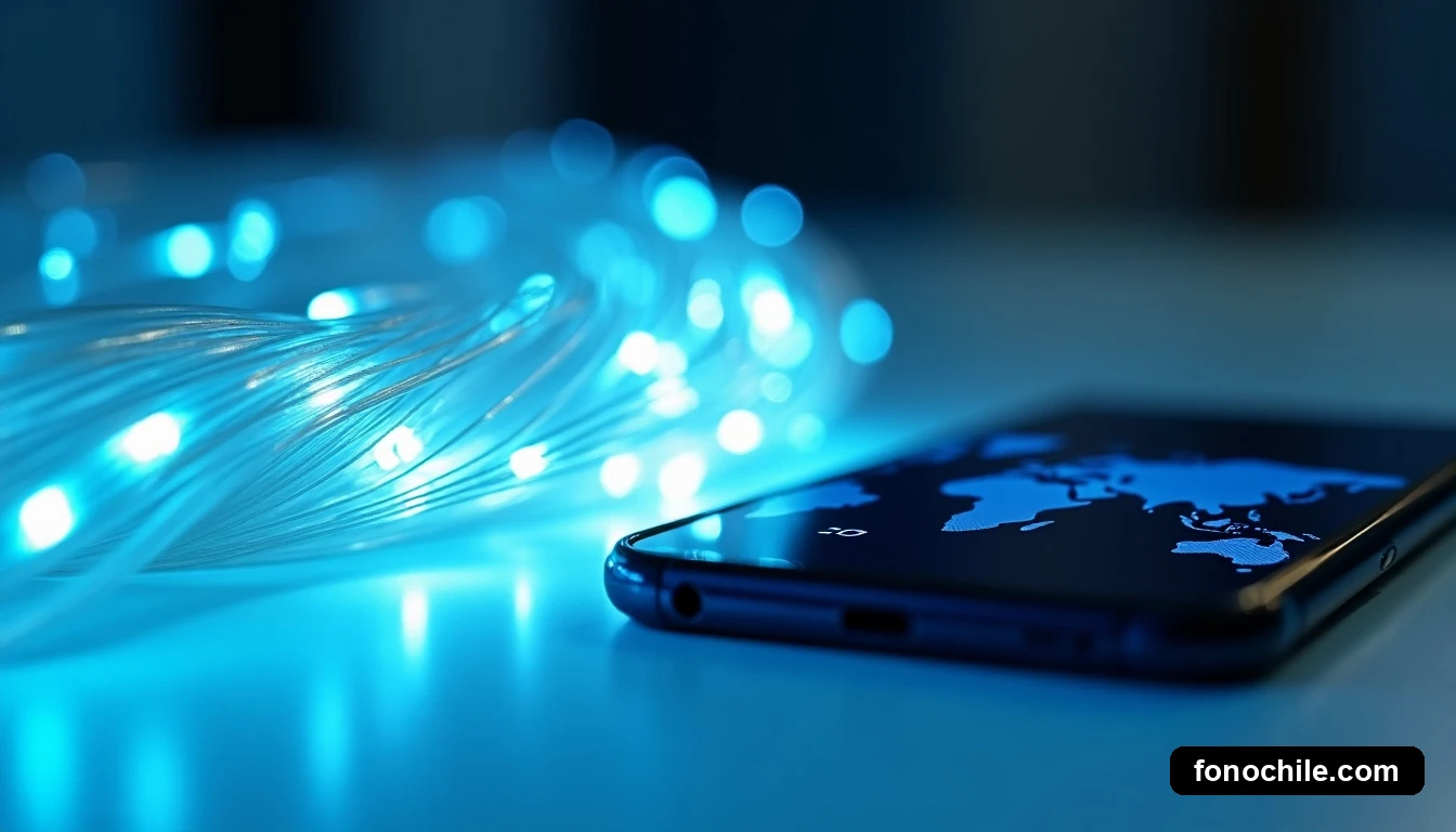 Primer plano de cables de fibra óptica iluminados junto a un teléfono inteligente, representando la infraestructura 5G en Chile.