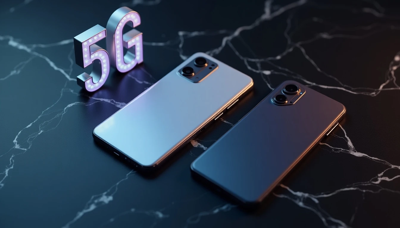 Comparativa visual de los mejores celulares 5G en Chile: Samsung, Apple y Xiaomi sobre fondo de mármol.