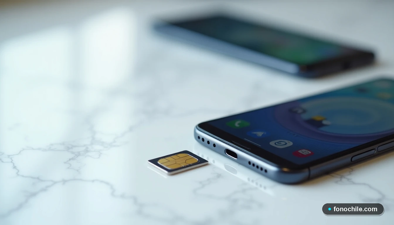 Primer plano de un teléfono inteligente y una tarjeta SIM nano, detalle de compatibilidad tecnológica para redes 5G.