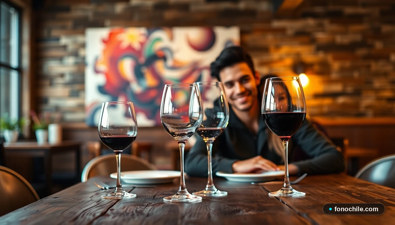 Ambiente íntimo y acogedor para una cena romántica en Machalí, con detalles de vino y decoración rústica.