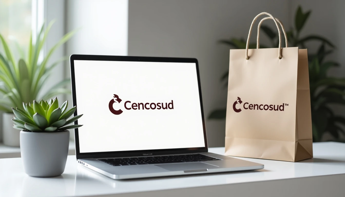Logo de Cencosud en laptop junto a bolsa de compras y planta en oficina moderna.