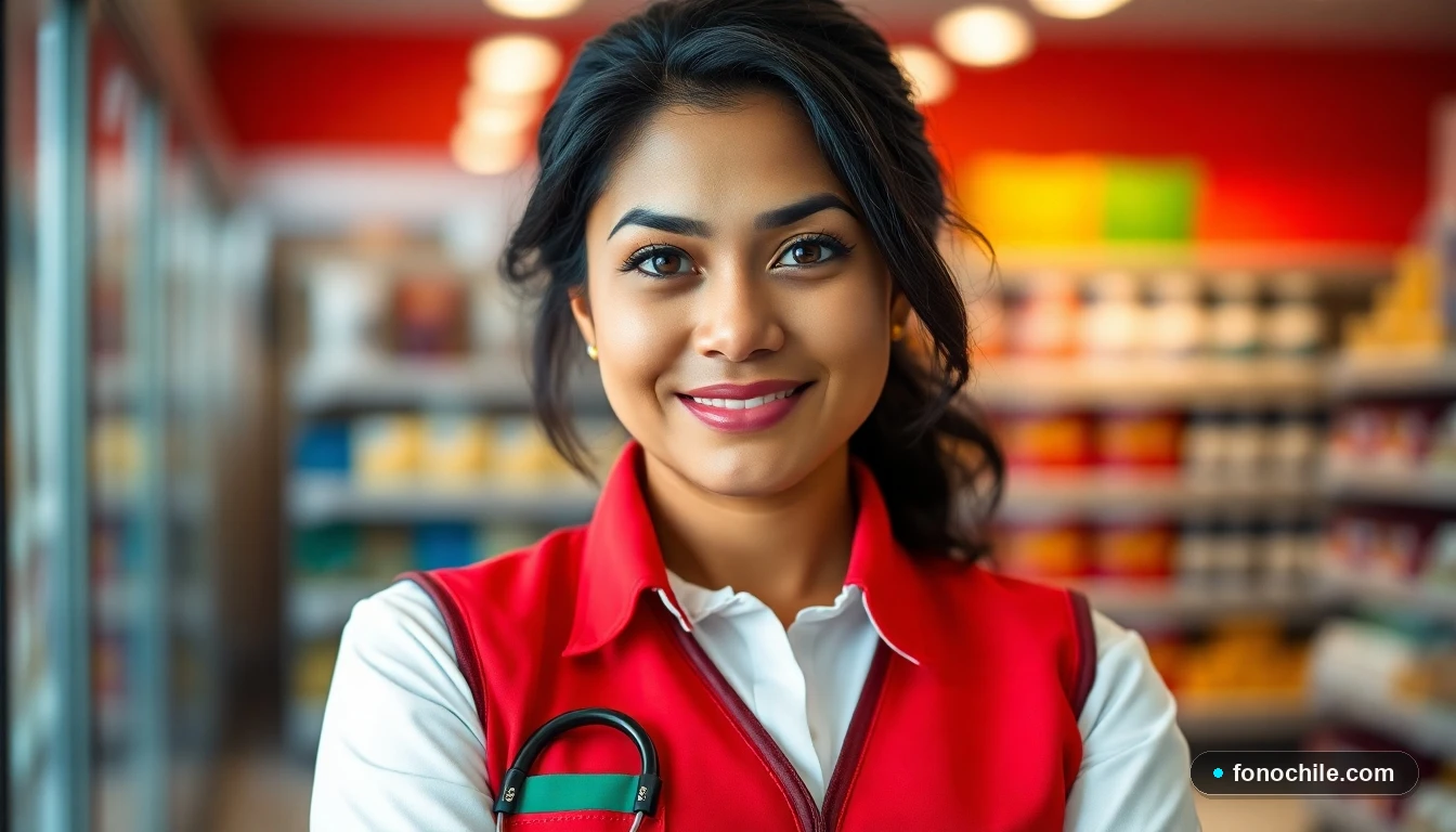 Asesora de servicio al cliente de Cencosud, una mujer hispana con chaleco rojo, sonriendo amablemente.