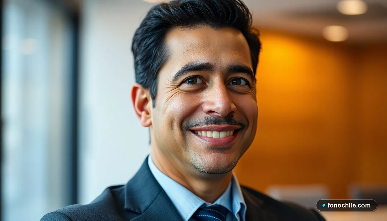 Primer plano de un asesor bancario profesional sonriendo, en un entorno de oficina moderno y acogedor.