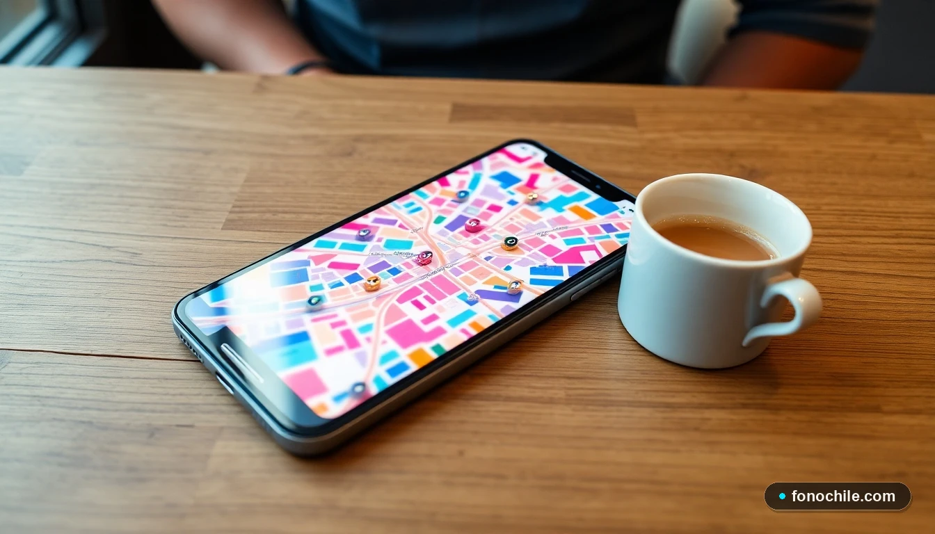 Smartphone mostrando un mapa interactivo y colorido de centros comerciales en Santiago de Chile.