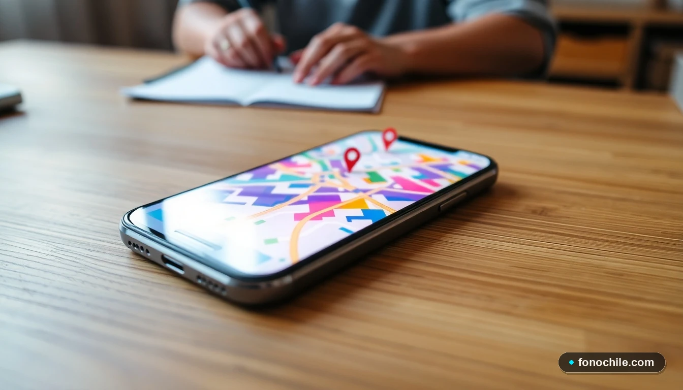 Smartphone mostrando un mapa con ubicaciones de centros de salud en Chile, interfaz abstracta y colorida.