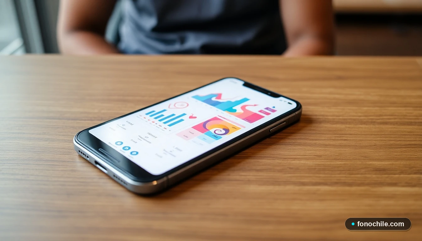 Smartphone mostrando gráficos de datos de servicios de salud en Santiago de Chile